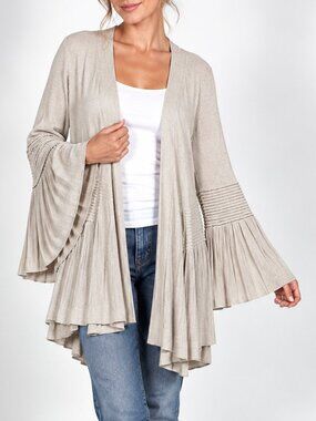 RED Haute Womens M Beige Cardigan Pleated Bell Sleeve Open Front Boho Sweater